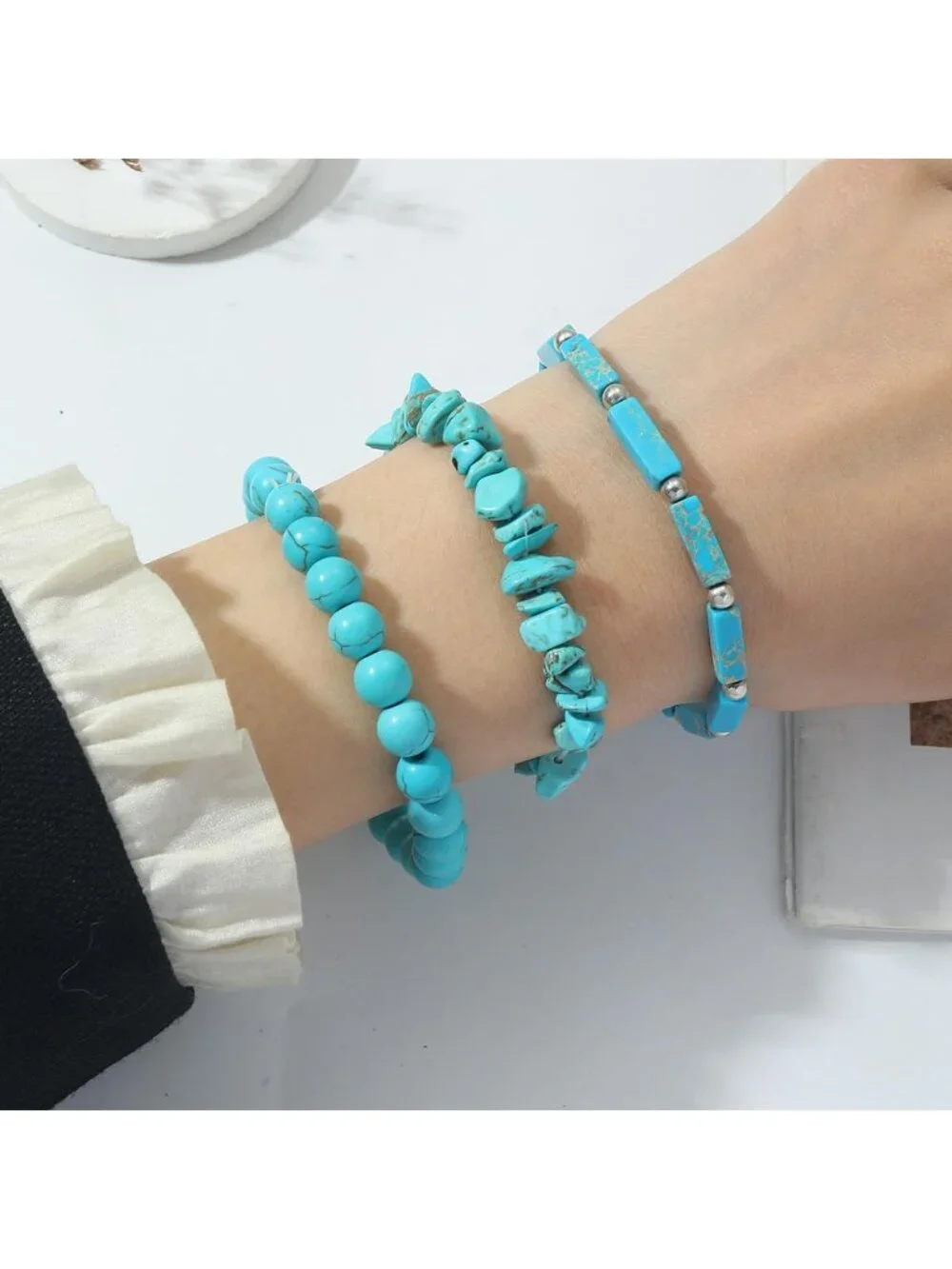 Set of 3 Handmade Natural Stone Bracelets - 8mm Crystal Beaded Stretch Jewelry